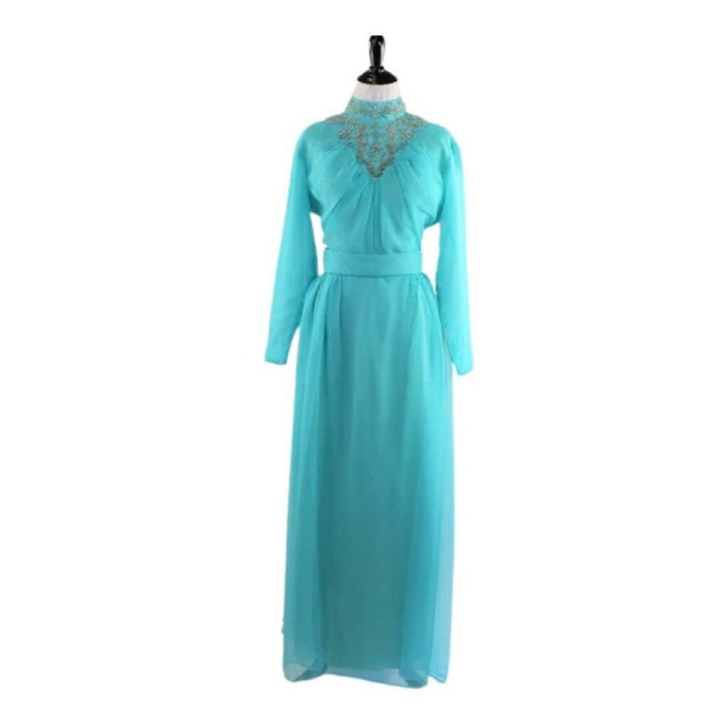 Vintage 1970s Blue Chiffon Maxi Dress with Ornately Beaded Neckline Medium